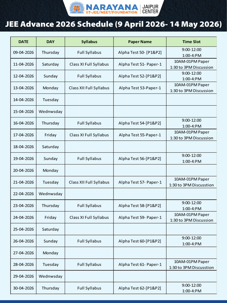 JEE Advance 2026 Schedule SRG | PDF