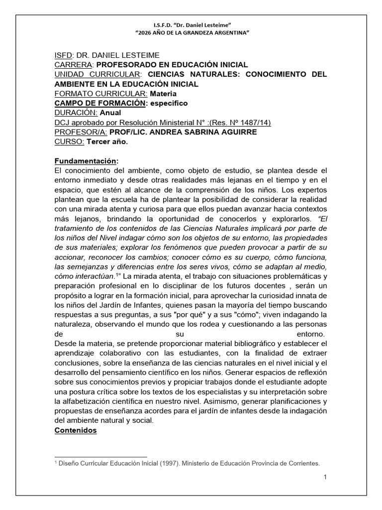 Programa Cs Naturales Inicial 2026 | PDF | Educación de la primera ...