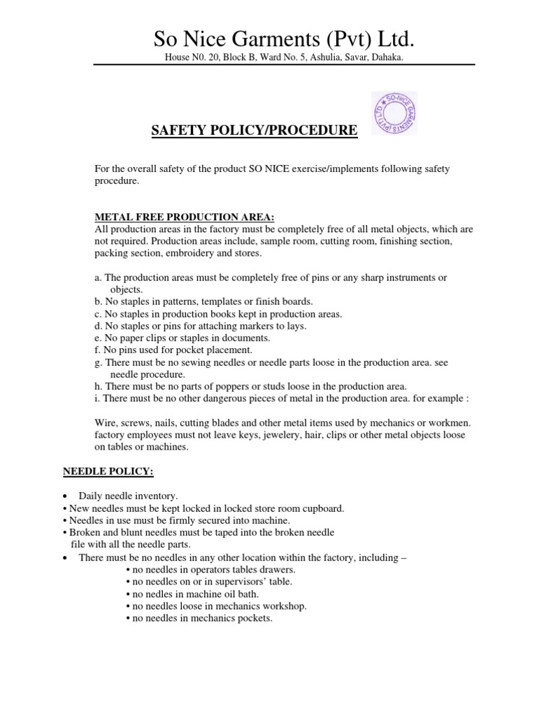 Safety Policy for Garment 3107 Metal Detector Sewing Needle
