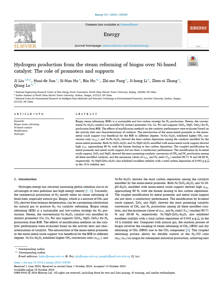 Hydrogen production from the steam reforming of biogas over Ni-based ...
