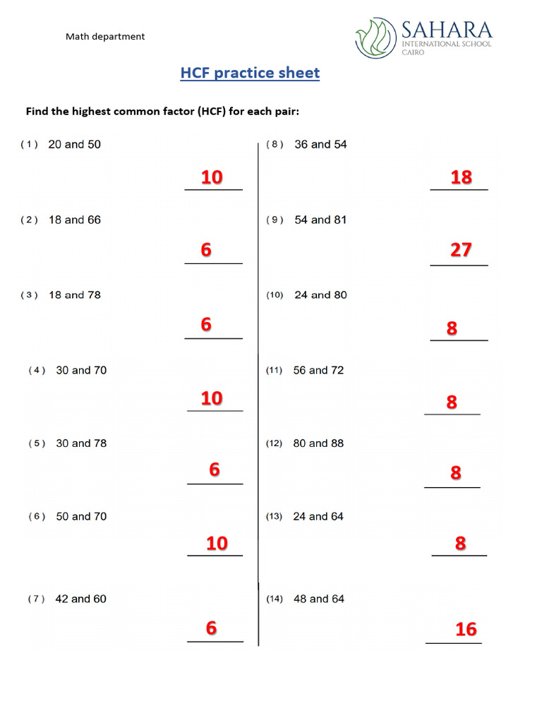 HCF Practice Sheet (Answers) | PDF