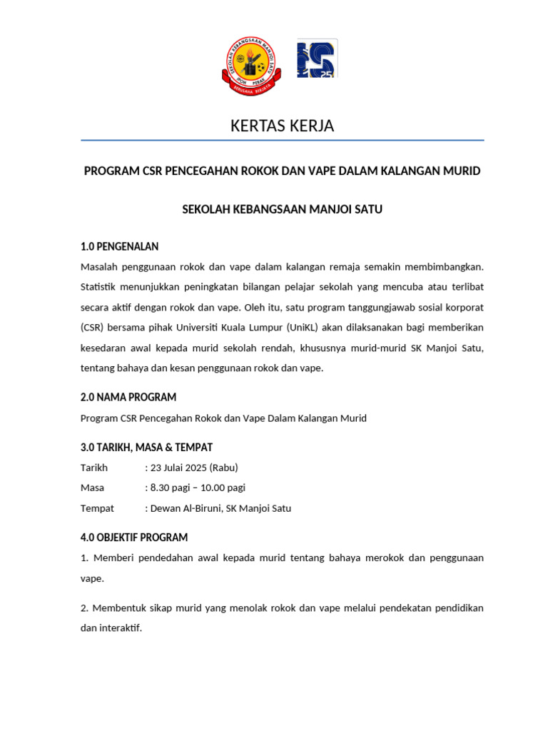 Kertas Kerja Csr Rokok Dan Vape 2025 (1) | PDF