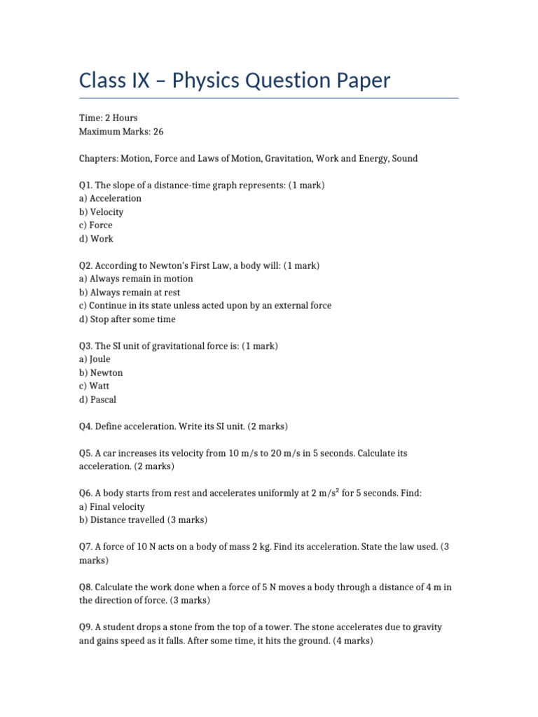 Class 9 Physics Question Paper-1 | PDF