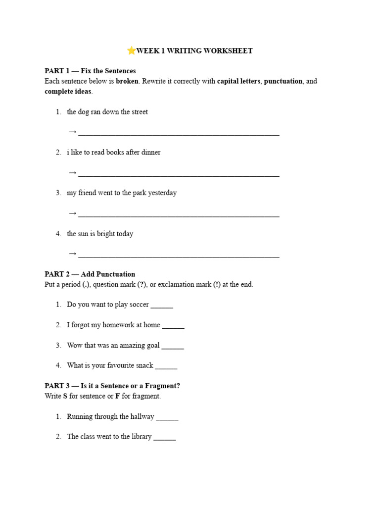 ⭐WEEK 1 WRITING WORKSHEET | PDF