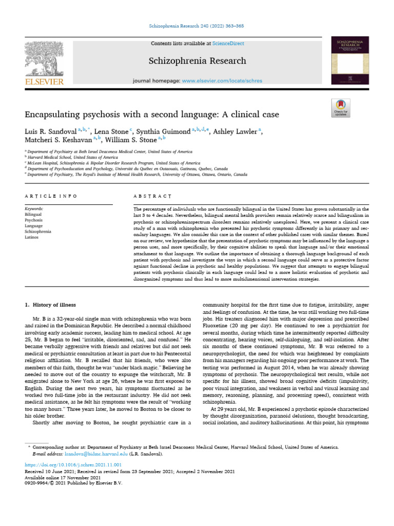 Encapsulating Psychosis With A Second Language - A Clinical Case | PDF ...