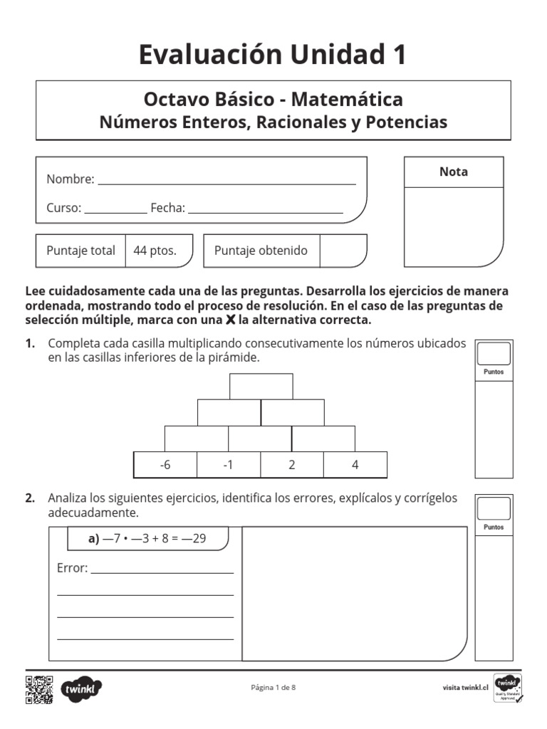Evaluación Unidad 1 Octavo Básico Matemática | PDF | Exponenciación ...