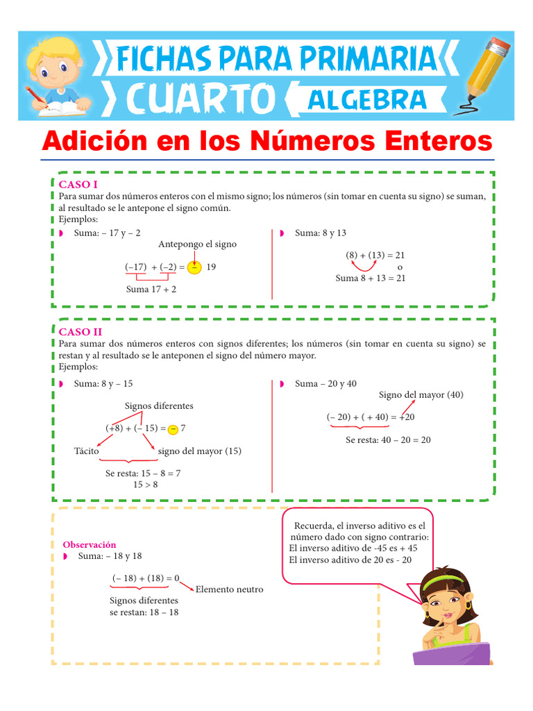 Adición de Números Enteros Para Cuarto de Primaria | PDF | Sustracción ...