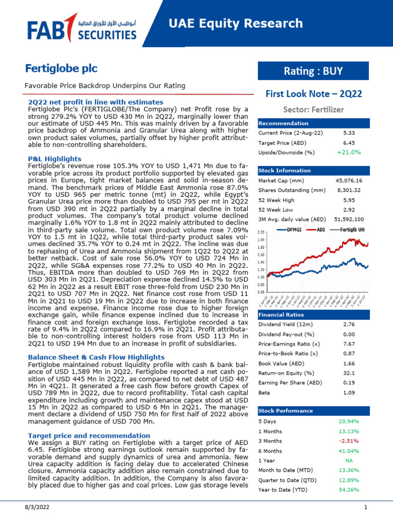 UAE Equity Research - Fertiglobe 2Q22 - First Look Note | PDF ...