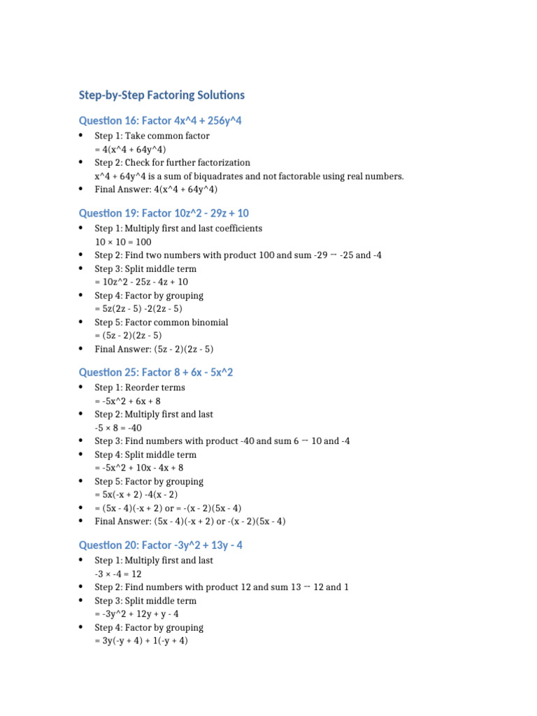 Factoring Step by Step Solutions | PDF