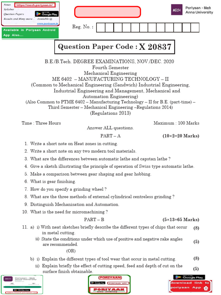 ME3493 Manufacturing Technology Reg 2021 November December 2020 ...