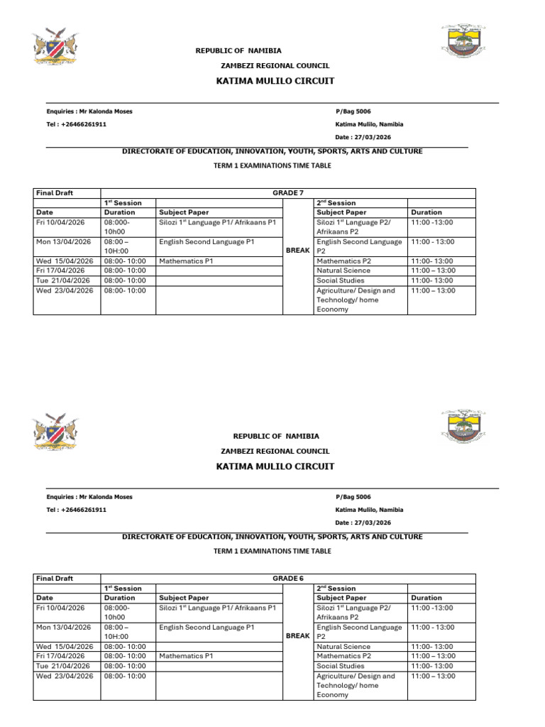 April Time Table 2026 Katima | PDF | Languages Of Africa | Languages