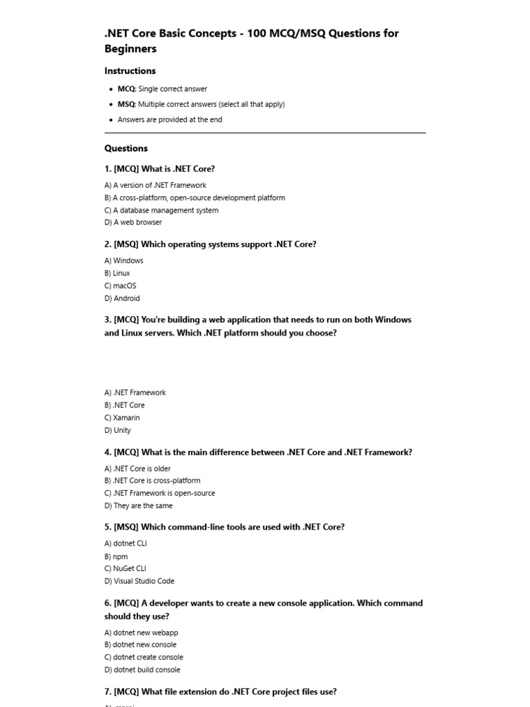_NET Core Basic Concepts - 100 MCQ_MSQ Questions | PDF | Entity ...