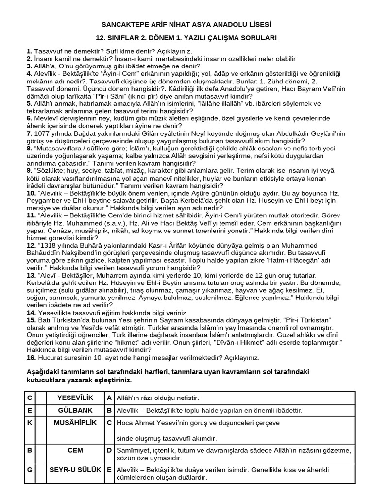 din 2.1 12. Sınıf 2. D. 1. Yazılı Çalışma Soruları | PDF