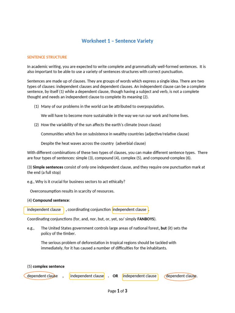Worksheet 1- Sentence Variety | PDF | Language Mechanics | Linguistics