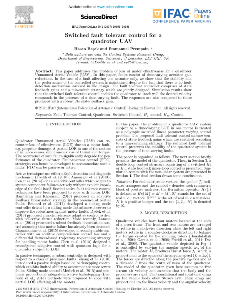 Switched Fault Tolerant Control for a Quadrotor UAV | PDF | Unmanned ...