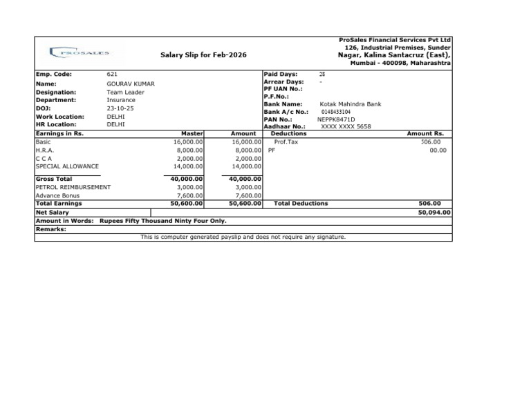 Gaurav Salary Slip Feb 2026 | PDF | Taxes | Government Finances