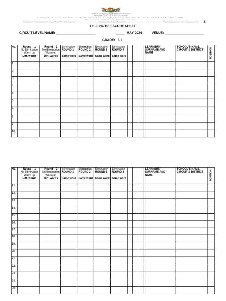 2024 Spelling Bee Score Sheet-1 | PDF