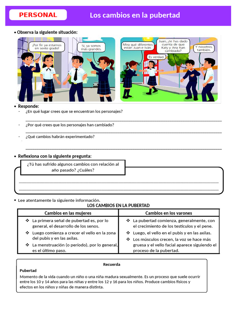 D1 A2 FICHA PS. Los cambios en la pubertad | PDF