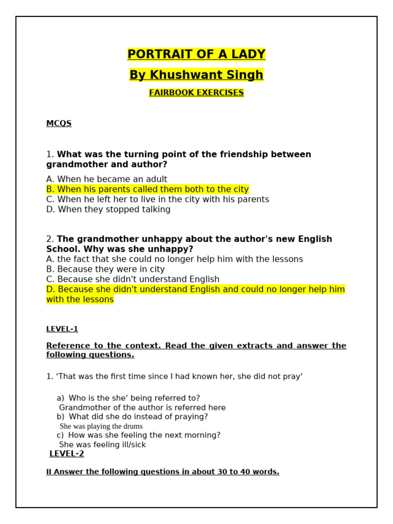 The Portrait of a Lady With Rubrics - Fair Notebook Questions | PDF ...