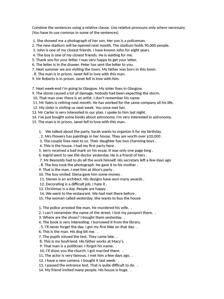 Combine The Sentences Using A Relative Clause | PDF