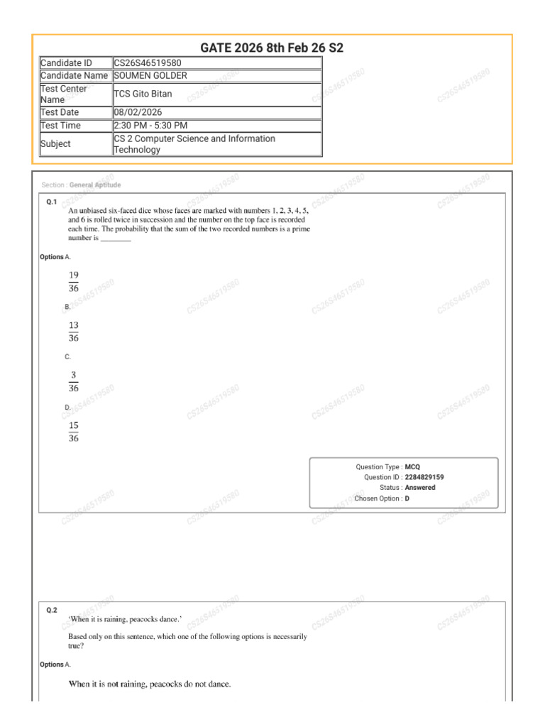 Gate Answer Sheet | PDF | Multiple Choice | Social Science Methodology