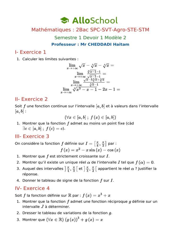 Math 2bac Spc Semestre 1 Devoir 1 Modele 2 4 | PDF
