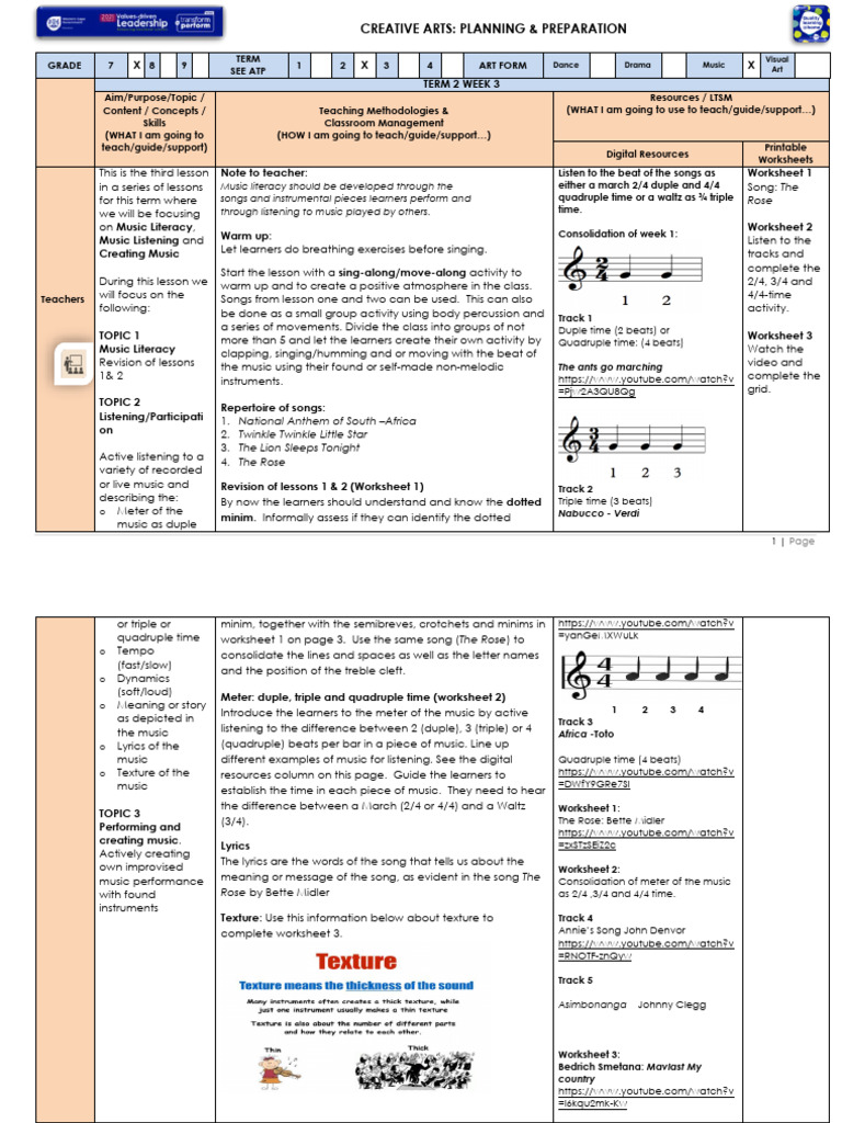 Lesson Plan Gr 7 Creative Arts Music T2 W3 | PDF | Musicology