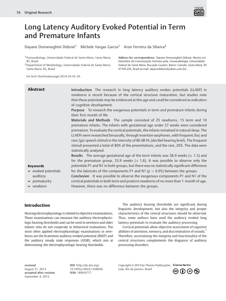 Long Latency Auditory Evoked Potential in Term and Premature Infants ...