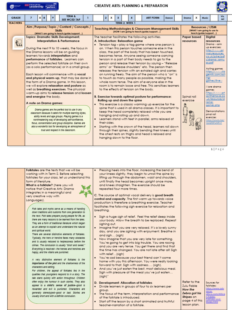 Lesson Plan Gr 7 Creative Arts Drama T2 W1 | PDF | Folklore