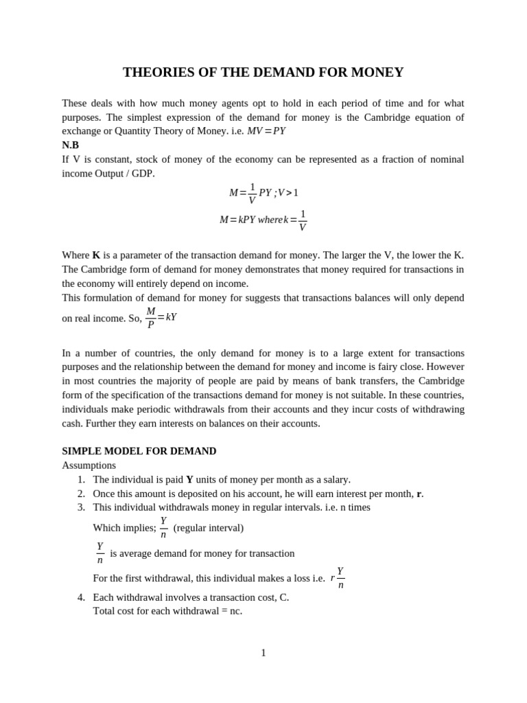 Theories of The Demand For Money | PDF | Demand For Money | Demand