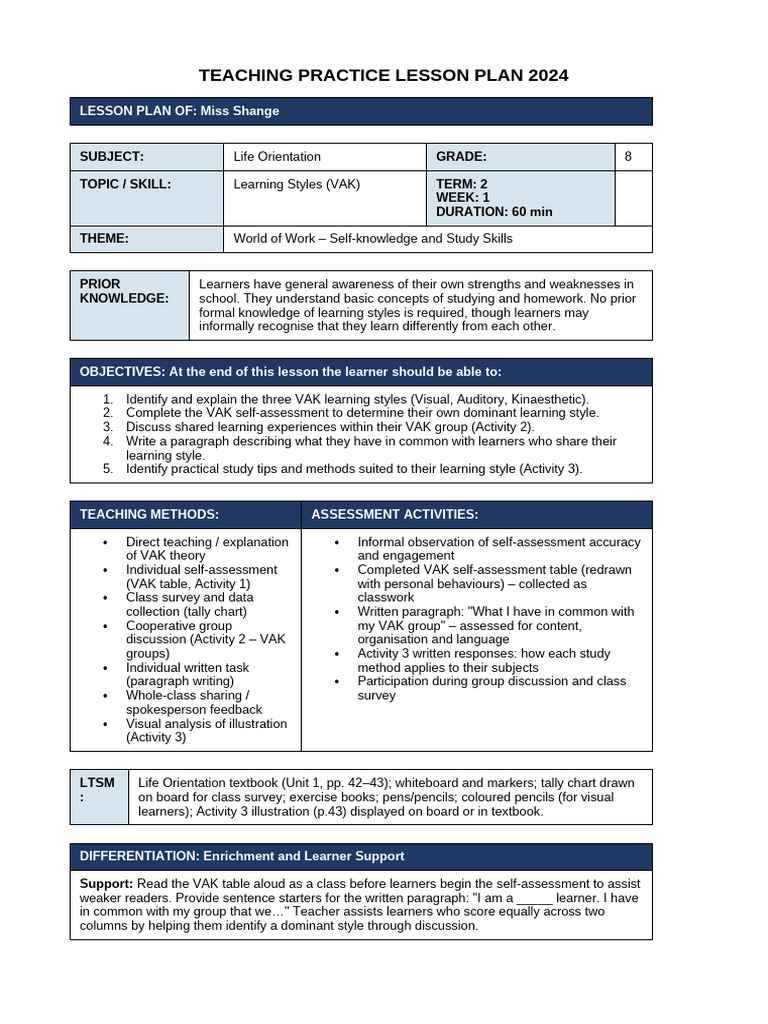 Lesson Plan Learning Styles Grade 8 | PDF | Learning Styles | Learning