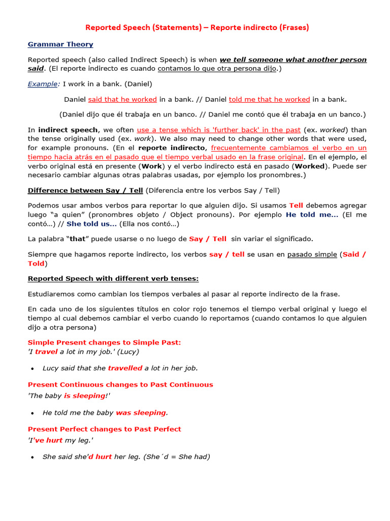Explicacion Reported Speech 2024 | PDF | Relaciones sintácticas ...