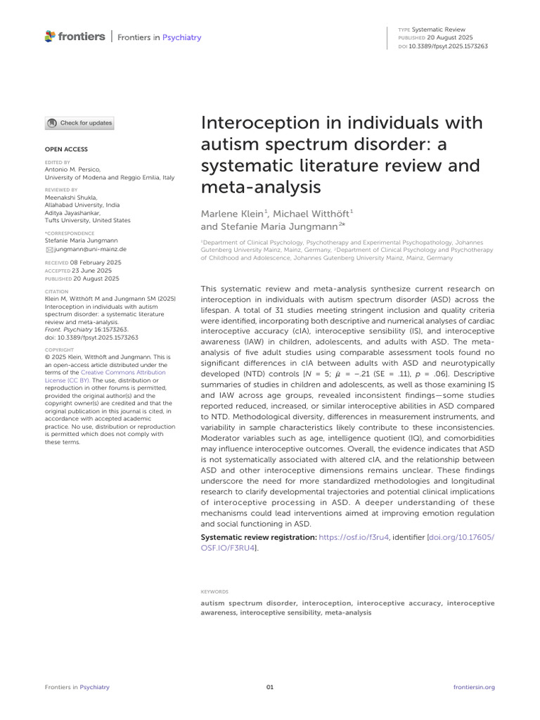 Interoception in Individuals With Autism Spectrum Disorder a Systematic ...