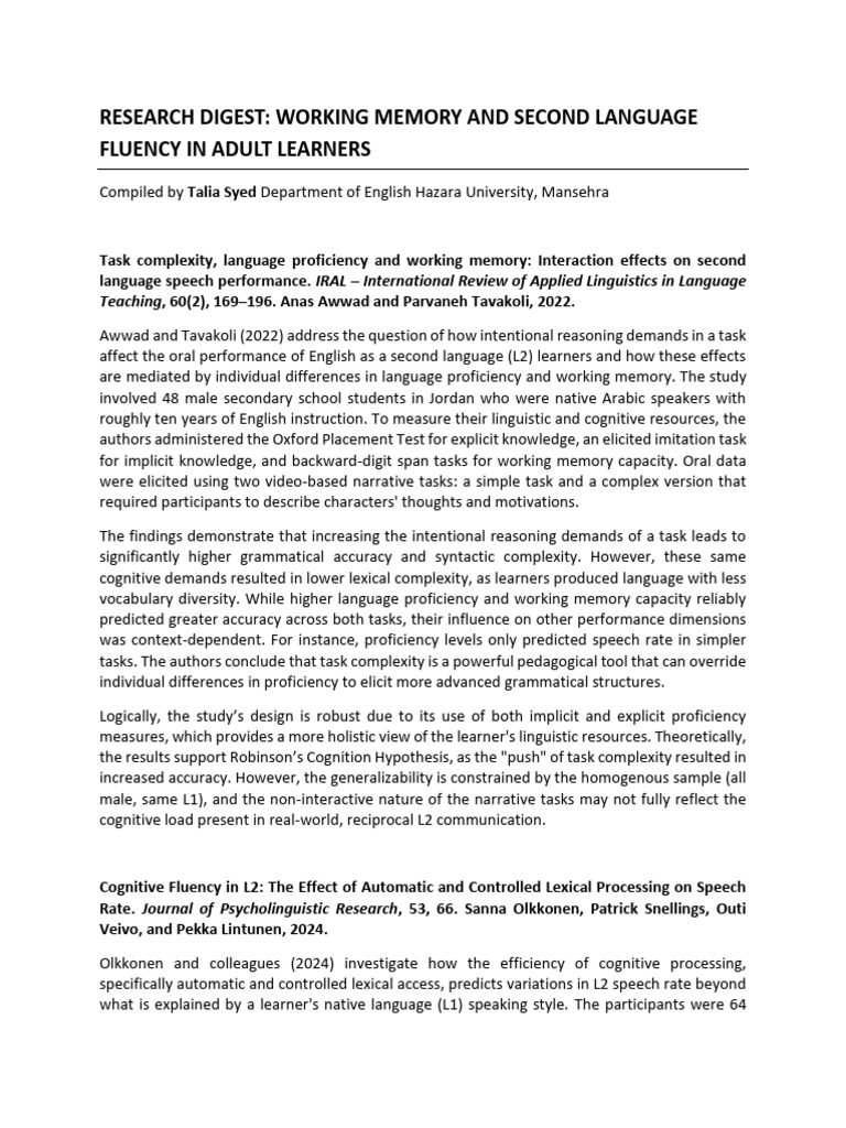 L2 Working Memory Digest | PDF | Second Language | Fluency