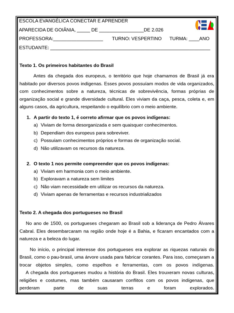 Prova de História - 4 Ano | PDF | Brasil | Independência
