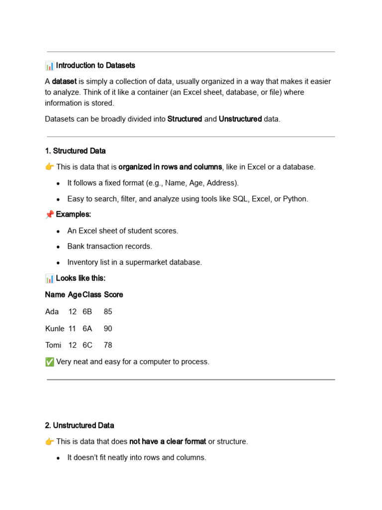 ? Introduction to Datasets - Structured and Unstructured Data.-1 | PDF ...