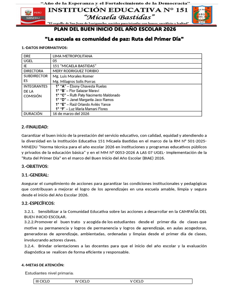Plan de Trabajo Para El Buen Inicio Del Año Escolar 2026 (1) | PDF ...