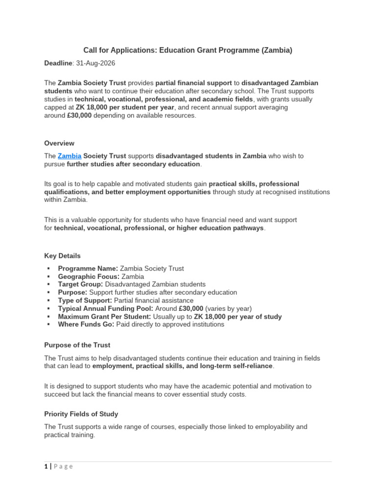 Call for applications | PDF | Vocational Education | Zambia