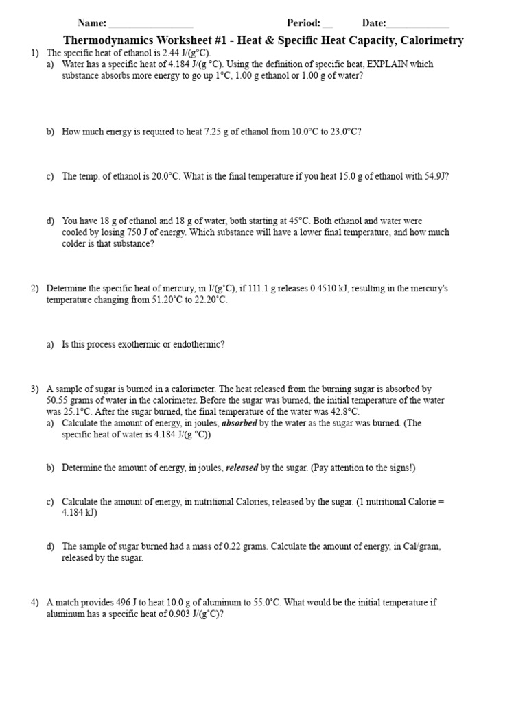 La Thermo Worksheet #1 - Specific Heat & Calorimetry | PDF | Heat ...
