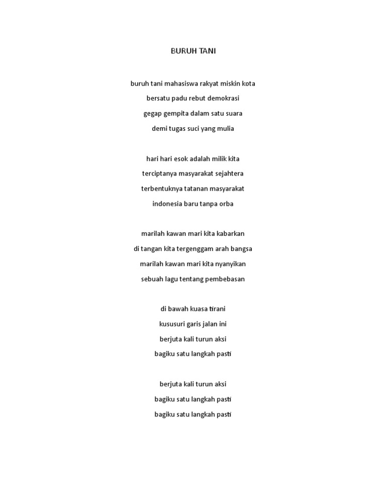 Lirik Lagu Buruh Tani Mahasiswa Rakyat Miskin Kota