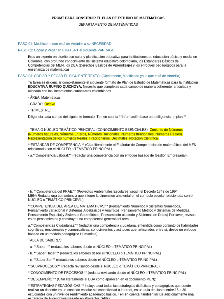 Promt Para Construir El Plan de Estudio de Matemáticas | PDF