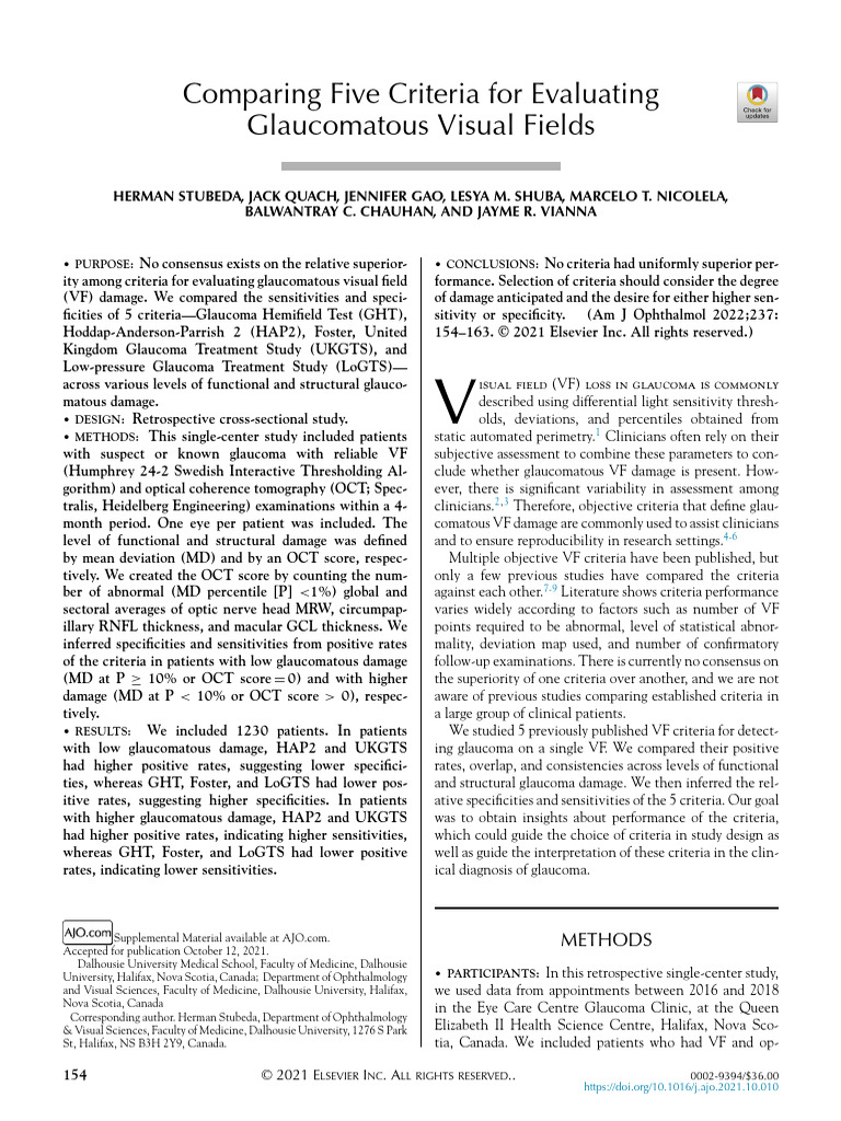 Comparing Five Criteria for Evaluating Glaucomatous Visual Fields | PDF ...