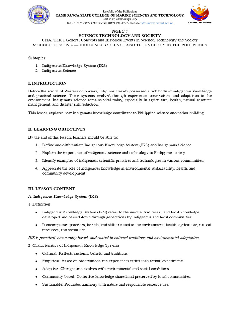 Module Activity Chapter 1 Lesson 4 Indigenous Science and Technology ...