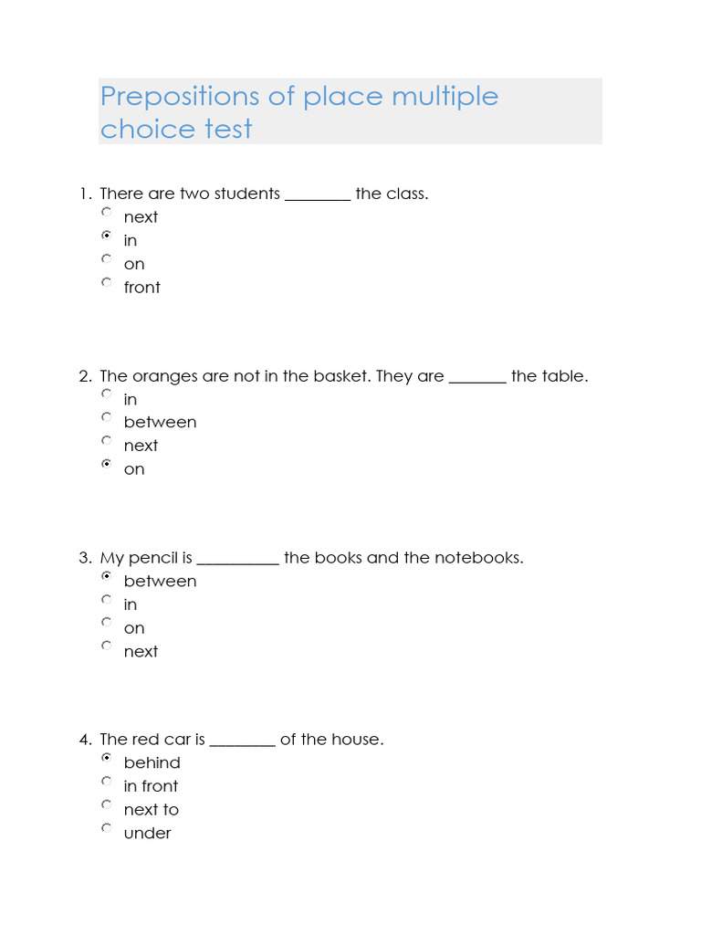Prepositions of Place Multiple Choice Test 1 | PDF