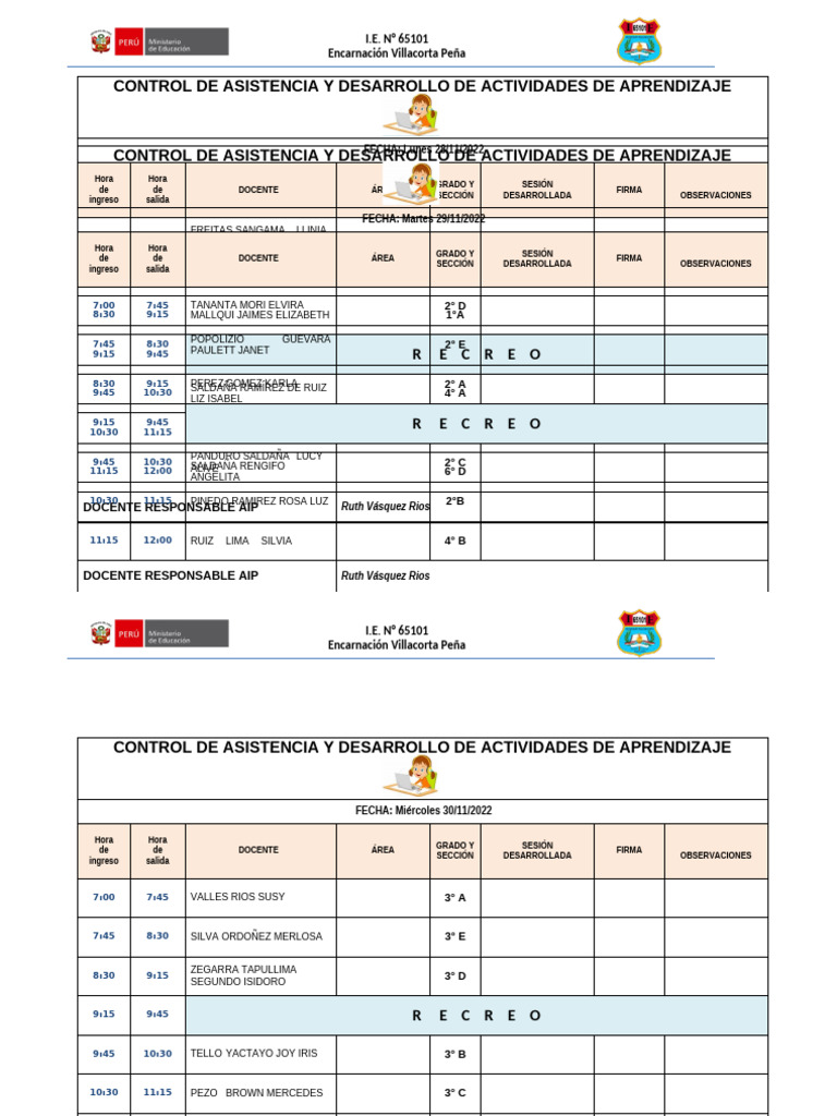 Control de Asistencia Diarias Nivel Primaria | PDF