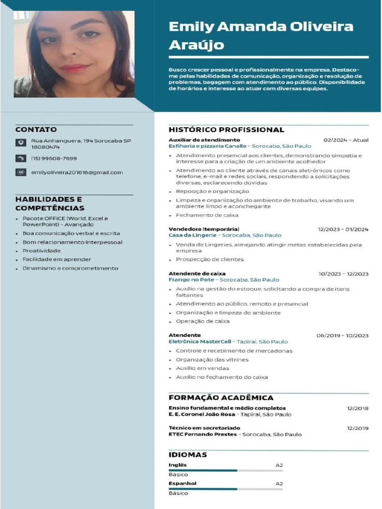 CV Emily Amanda Oliveira Araújo (Currículo) | PDF