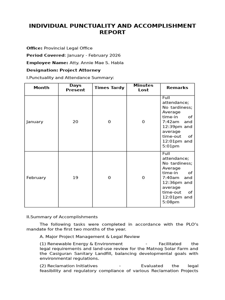 Individual Punctuality and Accomplishment Report (Atty Annie) | PDF ...