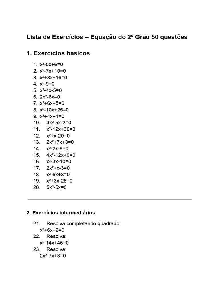 Lista de Exercícios - Equação Do 2º Grau (50 Questões) | PDF