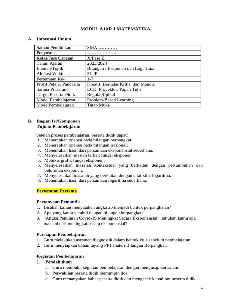 Modul Ajar 1 Matematika Sma Fase e 2023 | PDF