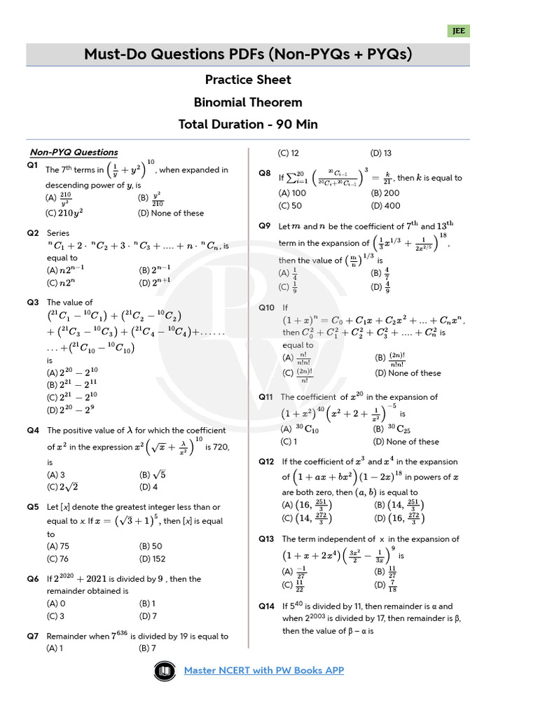 Binomial Theorem Must-Do Questions | PDF | Mathematics | Complex Analysis